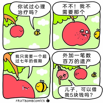 这是一组四格连环卡通漫画，以拟人化的水果角色展开故事。第一格中，蜜蜂关心地询问精神状态不佳的苹果是否尝试过心理治疗；第二格苹果拒绝了心理治疗的提议，同时呈现出流口水、眼神涣散的颓废模样；第三格苹果哭诉自己只需要一个超过七年的假期来“治愈”自己；第四格苹果进一步提出想要一笔数百万的遗产，画面随即切换为拄着拐杖的老年苹果向它的儿子——也就是之前的苹果借5块钱，用荒诞的高需求和现实的窘迫形成强烈反差，制造出搞笑效果，调侃了当代人想要逃避现实、渴望不劳而获的躺平心态。