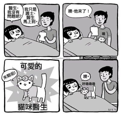 这是一幅黑白风格的四格连环卡通漫画，内容轻松幽默还带有谐音梗：第一格中，一位面露担忧的女生躺在床上，向手持记录板的男生询问：“醫生，我沒有問題吧？”男生回应自己只是护士，医生马上就到；第二格中，男生笑着说“噢，他來了！”，一只小猫出现在记录板旁，叫了一声“喵”；第三格是猫咪的特写，它戴着医生头镜、穿着医生服，旁边配文“可爱的 猫咪醫生”，还有谐音文字“末期啦”，这里利用“末期”和“猫咪”的发音相近制造反差幽默，消解了女生原本的担忧情绪；第四格中，猫咪医生趴在女生的床上，女生看着它发出“呼嚕嚕嚕”的声音，男生则轻声回应“噢。”，整体用可爱的猫医生制造反差萌，谐音梗进一步增添了趣味。