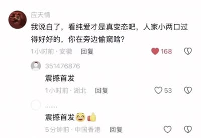 这是一张社交媒体评论区的截图，共展示三条用户评论：第一条由用户名“应天情”、IP属地安徽的用户发布，内容为“我说白了，看纯爱才是真变态吧，人家小两口过得好好的，你在旁边偷窥啥？”，该评论获得了168个点赞；第二条由用户名“351476876”、IP属地湖北的用户发布，仅留言“震撼首发”四个字，获得53个点赞；第三条由IP属地中国香港的用户发布，内容为“震撼首发”搭配开怀大笑表情和点赞手势表情，暂未获得点赞。内容围绕观看纯爱内容的合理性产生争议，后续网友用“震撼首发”玩梗回应该争议发言。