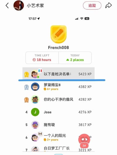 这是一张手机端屏幕截图，展示了语言学习软件多邻国的小组学习经验值排行榜页面，该小组是法语学习小组，名为French008。排行榜第一名的用户将昵称设置为「以下是枪决名单:」，这个充满调侃感的奇葩昵称十分搞笑，页面后续还展示了其他风格各异的中文用户昵称，这张图正是因为这个搞笑的昵称被分享出来。
