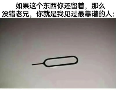 图片上方有黑色文字：'如果这个东西你还留着，那么没错老兄，你就是我见过最靠谱的人：'，下方是一个黑色的SIM卡取卡针实物图。通过将日常小物件与'靠谱'特质关联，以幽默方式调侃保留实用小工具的人。图片无谐音梗或双关含义，主要通过反差萌制造笑点。