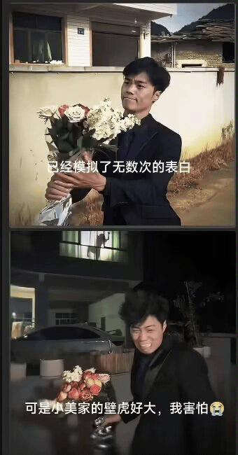 图片为上下两格拼接的竖版真人图像。上格中，一名穿着黑色西装的男生手持白色为主的花束，背景是乡村房屋外墙，配文“已经模拟了无数次的表白”，表情带着期待与自信；下格场景转为夜晚，男生同样手持花束（花束颜色偏红橙），表情变得惊恐扭曲，配文“可是小美家的壁虎好大，我害怕😱”，通过前后反差制造幽默效果，展现了精心准备的表白被突发恐惧（壁虎）打断的搞笑场景。