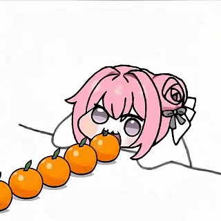 粉色头发、扎着玫瑰花发饰的Doro趴在地上，面前整齐排列着一排橙色橘子。它先是睁大眼睛、张开嘴巴露出期待的表情，随后身体逐渐向前靠近橘子，最后低下头开心地啃咬橘子，整个动态过程展现出从期待到满足的可爱模样，完美体现了Doro文化中'哦润吉'（橘子）的核心元素。