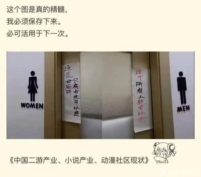 这是一张讽刺类梗图，整体分为三个部分：上方是网友的感慨文字“这个图是真的精髓，我必须保存下来。必可活用于下一次。”；中间是实拍的厕所场景，左侧女厕标识旁贴着纸条“这是女厕所 只有女生可以进”，右侧男厕标识旁贴着纸条“这个所有人都可以进”；下方是标题《中国二游产业、小说产业、动漫社区现状》，右下角还有一个捂嘴偷笑的双马尾吃瓜表情包。图中用女厕对应只面向女性受众、排斥男性的社区或产品，男厕对应开放包容、全受众可参与的社区或产品，以此调侃国内二次元游戏、网络小说、动漫社区中，部分内容和社区过度迎合女性群体，形成受众分化的行业现状，用生活化的场景讽刺行业内的受众偏向问题，风格搞笑又尖锐。