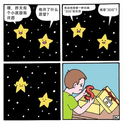 这是一则四格搞笑漫画，讲述了一颗负责实现愿望的星星收到小孩想要“3DS”（任天堂掌上游戏机）的愿望，但星星不懂这个电子产品的专有词汇，字面理解为“3个S”，于是给小孩送去了字母S，小孩拆开礼物后看到不是想要的游戏机，露出失望的表情。漫画通过星星的认知错位制造荒诞笑点，利用对陌生词汇的字面误解形成幽默效果，展现了信息差带来的乌龙事件。