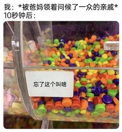 这是一张贴合生活的搞笑梗图，上方文字描述了场景：“我：*被爸妈领着问候了一众的亲戚* 10秒钟后：”，下方搭配一张超市里的实拍图，透明容器里装着彩色的糖果，容器上的白色标签写着“忘了这个叫啥”，用无法被识别名字的糖果来类比刚被领着问候过的亲戚，生动又形象地表现出很多人在过年走亲戚时，刚被家长介绍问候完亲戚，转眼就记不起对方称呼的尴尬场景，精准戳中了大众在过年社交中的普遍共鸣点。