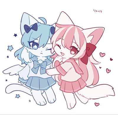 这是一张风格软萌的Q版原创插画，画面中呈现两位猫耳拟人少女：左侧是蓝发蓝眼的猫耳少女，头戴深蓝色蝴蝶结，身着蓝白水手风格制服，背后长着小翅膀，单眼眨眼，表情带着腼腆，周围点缀着星星元素；右侧是粉发红眼的猫耳少女，头戴酒红色蝴蝶结，身着粉白水手制服，笑着单眼眨眼，亲昵地贴近左侧少女，周围飘着爱心图案。整体画面氛围温馨甜美，充满二次元少女感，展现出两人亲密的互动。