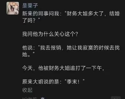 这是一则发布在社交媒体上的职场搞笑段子截图，内容讲述新来的同事向“我”打听财务大姐的个人情况，理由是他报销时误以为财务大姐让他“寂寞的时候去找她”，结果实际是大姐说的“季末（来报销）”，因此被财务大姐追打了一下午。
谐音梗说明：“季末”与“寂寞”发音相近，同事的听错制造出乌龙笑点，充满轻松的职场趣味。
