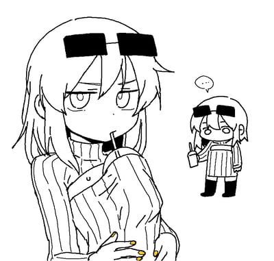 一张黑白线稿图，描绘了一个戴着方形墨镜的动漫女孩。她留着长发，穿着高领毛衣，表情略显不耐烦或冷淡。在她旁边有一个迷你版的相同角色，手持饮料，旁边有一个包含省略号“...”的对话气泡，似乎在表达无言或无奈的情绪。