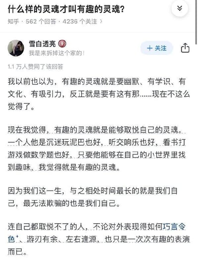 这是一张知乎平台的回答截图，顶部展示问题“什么样的灵魂才叫有趣的灵魂？”，并标注该问题拥有562个回答、4236个关注。知乎用户“雪白透亮”发布的该回答获得1.1万人赞同，回答先提及自己曾经认为有趣的灵魂需要具备幽默、学识、文化等外在特质，随后转变观点，提出核心看法：有趣的灵魂是能够取悦自己的灵魂，无论一个人在自己的小世界里进行何种活动，只要能从中找到趣味，便是有趣的灵魂。回答还强调，人这一生与自己相处的时间最长，连自己都取悦不了的人，对外表现出的游刃有余都只是表演，传递出重视自我感受、接纳自我的理性价值观。对于图中的问题，结合该高赞回答来看，有趣的灵魂核心是能够取悦自己，在属于自己的小世界里找到独有的趣味，无需被外界的标准所定义。