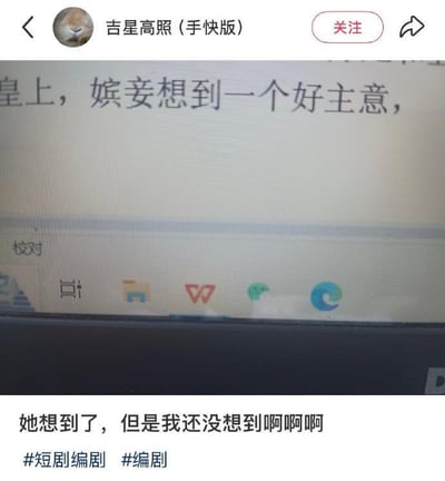 这张图片以屏幕截图的形式展示编剧日常。屏幕上的对话“皇上，婉妤想到一个好主意，”和下方的自嘲评论“她想到了，但是我还没想到啊啊啊”，生动传达出作者面对写作压力与创意枯竭时的无奈与幽默，极具共鸣。该梗图尤其适合编剧、作家等创意工作者在社交圈自嘲使用。