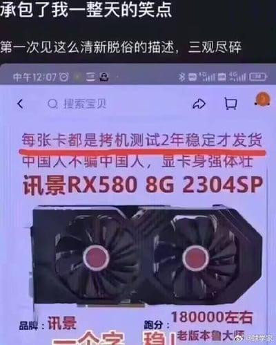 图片上方是用户评论：'承包了我一整天的笑点'和'第一次见这么清新脱俗的描述，三观尽碎'，中间是某购物平台的显卡商品截图，展示了讯景RX580 8G显卡，商品描述中写有'每张卡都是烤机测试2年稳定才发货'、'中国人不骗中国人，显卡身强体壮'等夸张搞笑的宣传语，底部标注了品牌、跑分等信息，右下角有水印'@球学家'。整体通过商家离谱的产品描述制造幽默效果，引发网友调侃。