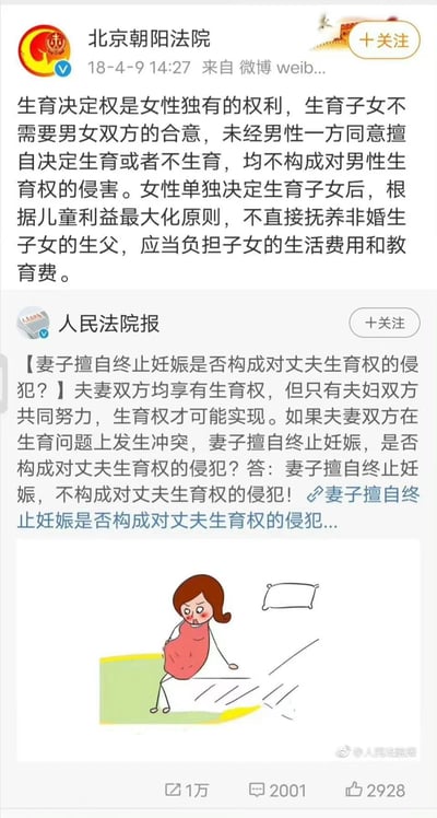 这是两张微博截图的拼接内容，上方是北京朝阳法院2018年4月9日发布的权威解读，明确生育决定权是女性独有的权利，女性无需经男性同意即可决定生育或不生育，该行为不构成对男性生育权的侵害，若女性单独生育子女，生父需承担子女的生活费与教育费；下方是人民法院报发布的内容，解答“妻子擅自终止妊娠是否侵犯丈夫生育权”的问题，明确夫妻双方虽都享有生育权，但妻子擅自终止妊娠不构成对丈夫生育权的侵犯，配图为一名愤怒的孕妇从床上坐起的卡通插画，整体是司法机关对生育权相关法律问题的科普内容。