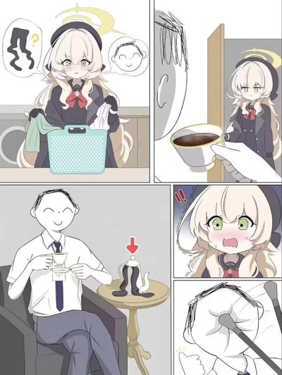 这是手游《蔚蓝档案》的同人四格漫画：第一格中，阿慈谷日富美拿着洗衣篮，一脸疑惑地寻找自己的黑袜子，脑海里浮现出老师的身影；第二格中，老师给她递来一杯咖啡；第三格，老师正惬意地喝着茶，而桌上的茶壶里赫然塞着日富美找不到的黑袜子；第四格，日富美发现后瞬间露出又羞又恼的震惊表情，陷入社死，而老师对此毫无察觉。