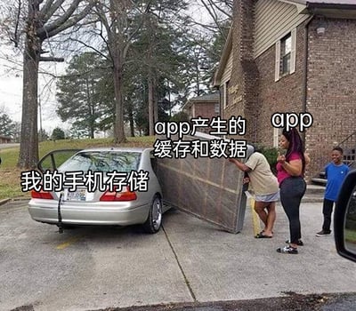 这是一张经过文字加注的搞笑梗图，用现实中的荒诞场景来比喻手机存储的使用困境。图中的银色轿车被标注为“我的手机存储”，一块体积远超轿车容量的巨大门板被标注为“app产生的缓存和数据”，旁边的人被标注为“app”，正使劲将这块大木板往轿车里硬塞，形象地表现出手机APP产生的缓存和数据体积庞大，强行占用有限的手机存储空间，让手机存储不堪重负，贴切地吐槽了日常使用手机时，存储空间被APP冗余数据占满的普遍烦恼，容易引发用户共鸣。