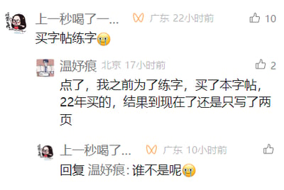 这是一张社交媒体评论区的静态横版截图，来自广东的用户“上一秒喝了一...”发布动态称“买字帖练字”并配上无奈的表情；来自北京的用户“温妤痕”回复表示自己2022年买了字帖，到现在只写了两页；随后原博主回复“谁不是呢”并配上同款无奈表情，整个互动展现了很多人想要练字却难以坚持、半途而废的普遍共鸣，充满了日常的真实感与趣味性。