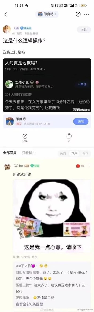 这是来自百度贴吧“印度吧”的一则玩梗帖子，楼主转发了知乎用户分享的离谱经历：该用户去女方家相亲，仅坐了10分钟，女方奶奶便去世，女方家人却将此事归咎于该用户，称是被他“克死”，要求其赔钱。楼主对此发出“这是什么逻辑操作？送货上门是吗”的吐槽。在帖子回复中，用户GG bo发布了一张自制P图，用网络表情包人物搭配印度货币，配文“这是我一点心意，请收下”，以荒诞的方式回应这个离谱的赔钱要求，引发其他网友跟风玩梗，比如评论“建议再送她家俩人下去一起花”，整体内容充满了对不合理讹人要求的戏谑与嘲讽，氛围搞笑荒诞。