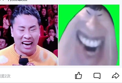 这是一张左右拼接的对比图，左侧为某节目录制现场的观众小哥，他闭着双眼，大张嘴巴露出牙齿，表情激动开怀，穿着黄底带白色图案的毛衣，面前有麦克风，背景是其他坐着的观众；右侧是一个绿色背景的搞笑卡通形象，同样是闭着眼睛、大张嘴巴露齿的大笑表情，两者的神态表情高度重合，形成了有趣的撞脸效果，整体画面充满滑稽搞笑的氛围。