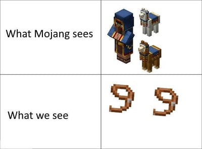 这是一张以Minecraft（我的世界）为主题的2x2网格对比梗图。上半部分左侧写着"What Mojang sees"（Mojang眼中的样子），右侧展示了Minecraft中流浪商人（Wandering Trader）与两只行商羊驼（Trader Llama）的官方等距视角渲染图：流浪商人身披蓝色兜帽长袍，两只羊驼一只是白色/浅灰色、一只是棕色，均佩戴蓝底红黄条纹的装饰地毯。下半部分左侧写着"What we see"（我们玩家眼中的样子），右侧则只放了两个Minecraft游戏中的鞍（Saddle）。该梗利用了游戏内第一人称/低视角观察时的视觉错位：当玩家从地面仰视流浪商人和羊驼时，羊驼的腿部、身体与商人长袍在特定角度下组合在一起，轮廓恰好与Minecraft中鞍的像素造型（弯曲如数字9的形状）高度相似，从而制造出"官方设计是一个商人和两只羊驼，但玩家实际看起来却像两个鞍"的搞笑错觉。