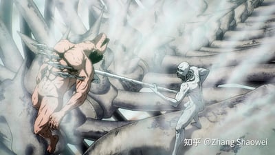 这是《进击的巨人》最终季中的经典战斗名场面，画面中艾伦·耶格尔化身的白色骨架形态战锤巨人，手持硬质化长穿刺穿了莱纳·布朗的铠之巨人背部，将其钉在巨大的硬质化骨刺结构之上。铠之巨人痛苦嘶吼，周围弥漫着战斗产生的蒸汽，整体画面充满了惨烈的冲击力，是最终决战篇章里的关键对决瞬间。