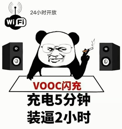 图片中是一个戴着眼镜、嘴角上扬的熊猫头形象，左手夹着一根点燃的香烟，倚靠在一张桌子旁。桌子上写有红色的“VOOC闪充”字样，下方配有黑色大字“充电5分钟 装逼2小时”。熊猫头左右两侧各有一个黑色音箱，左上方有一个WiFi图标，旁边标注“24小时开放”。整体采用黑白卡通风格，通过幽默夸张的方式将手机快充功能与网络流行语结合，营造出戏谑搞笑的效果。