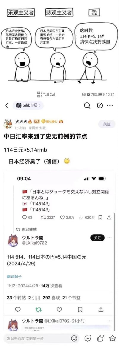 这是一张结合梗图与社交平台截图的玩梗内容：上方是经典的「乐观主义者/悲观主义者/我」三格模板梗图，乐观主义者唱衰日本经济认为日元会暴跌，悲观主义者认为美国会介入稳定日元，而「我」只关注114日元=5.14人民币的数字，急切想要截图玩梗；下方是bilibili吧的帖子，标题为「中日汇率来到了史无前例的节点」，内容显示114日元≈5.14人民币，还附带外网社交平台截图，网友在其中刷「114514」玩梗。
双关梗说明：114日元兑换5.14人民币的数字刚好对应日本亚文化圈经典迷因「114514」，该梗出自INM系列，日语发音谐音「いいよ、こいよ」，被网友结合汇率热点创作趣味内容，同时调侃日本经济。