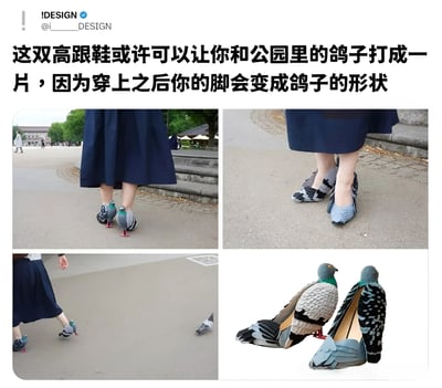 图片展示了一款创意设计的鸽子形状高跟鞋，通过四格拼图形式从不同角度呈现。上排左侧为女性背影，穿着深蓝色裙子和鸽子造型高跟鞋站在公园中；上排右侧为鞋子的正面特写；下排左侧展示女性穿着该鞋行走，旁边有一只真实鸽子；下排右侧为鞋子的细节展示，可见其逼真的鸽子羽毛纹理和造型。设计理念是让穿着者的脚变成鸽子形状，从而能与公园里的鸽子更好地互动。
