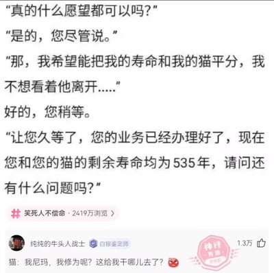 这是一张来自社交平台的搞笑段子截图，内容围绕宠物主人的许愿展开：一位不愿看着猫咪离开的主人，向能实现愿望的办事者提出要和猫咪平分剩余寿命，原本主人以为是自己缩减寿命来延长猫咪的生命，没想到办理完成后，办事者告知主人和猫咪的剩余寿命均为535年，形成了意料之外的神转折。下方的平台用户神评论更是趣味升级，吐槽猫咪可能原本有修炼得来的超长修为，结果被平分操作打乱，让整个段子的幽默效果拉满。截图还带有#笑死人不偿命的话题，浏览量达2419万，可见其受欢迎程度。