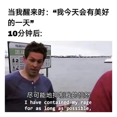 这张梗图通过上下对比的文字和中间的真人表情，幽默地展示了理想与现实的差距。上方文字写着“当我醒来时：‘我今天会有美好的一天’”，表达了早晨醒来时的积极心态；中间文字“10分钟后:”作为过渡；下方图片中一名男子表情愤怒，配文“尽可能地抑制我的愤怒”及英文翻译“I have contained my rage for as long as possible,”，形成了强烈的反差萌，生动展现了计划被打乱后的情绪变化。
