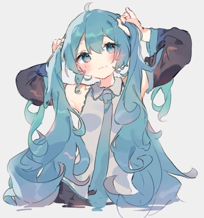 画面呈现的是虚拟歌手初音未来，她有着标志性的水蓝色长双马尾，此刻正被一双手从身后帮忙整理扎起头发。初音脸颊晕着淡淡的红晕，蓝眼睛里带着温柔的笑意，神态软萌又治愈。整体采用清新的水彩质感画风，色调柔和，营造出温馨的日常氛围。