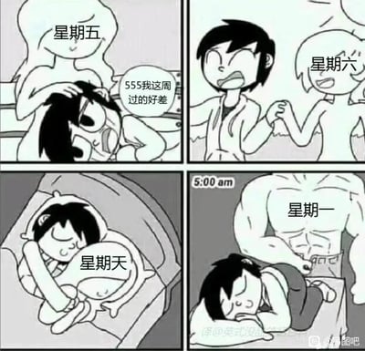 这是一组四格连环黑白卡通梗图，通过将星期拟人化的方式，生动展现当代打工人从周五到周一的情绪起伏：
1. 第一格：周五以温柔女性形象出现，打工人主角趴在她怀里委屈哭诉“555我这周过的好差”，释放一周工作的疲惫与委屈；
2. 第二格：周六以活泼女性形象出现，拉着兴奋的主角，传递出周末到来的轻松与快乐；
3. 第三格：周日以柔和形象与主角相拥安睡，体现周日的慵懒惬意；
4. 第四格：周一凌晨5点，以强壮肌肉男性形象出现，强行拽起还在睡梦中的主角，主角满脸不情愿，精准还原了打工人被周一上班支配的痛苦。
整个梗图用拟人化的创意，精准戳中职场人周末与周一的情绪反差，引发强烈共鸣。