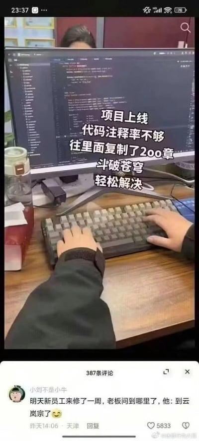 这是一张程序员职场相关的搞笑梗图，图中显示一名程序员正在操作机械键盘，电脑屏幕显示代码编辑器界面。为了满足项目上线的代码注释率要求，这名程序员将热门网文《斗破苍穹》的200章内容复制到代码注释中，以此凑够注释率。评论区的高赞评论玩了双关梗：新员工来修代码修了一周，老板问进度时，他回答‘到云岚宗了’——云岚宗是《斗破苍穹》中的重要剧情节点，暗指这名新员工根本没怎么推进修代码的工作，一直在看注释里的小说内容，将修代码的进度和小说剧情进度绑定，形成了戏谑的职场摸鱼笑点。