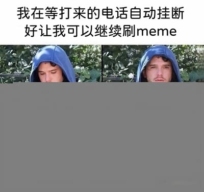 图片上方配有文字'我在等打来的电话自动挂断 好让我可以继续刷meme'，下方为左右对比的两张真人照片。左侧照片中，一名穿着蓝色连帽衫的男子低头，背景是绿色植物；右侧照片中，该男子抬头看向一侧，表情略显期待。整体表达了不想接电话、希望电话自动挂断以便继续浏览meme的日常小烦恼。