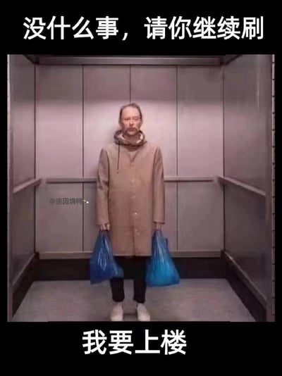 这是一张荒诞搞笑的梗图，画面呈现了站在电梯里的汤姆·约克，他双手提着蓝色塑料袋，视觉上看起来像是被悬挂在电梯中，搭配上方文字“没什么事，请你继续刷”和下方文字“我要上楼”，营造出一种他只是单纯要坐电梯上楼、不想打扰用户刷手机的幽默氛围，用淡定又荒诞的方式制造笑点。