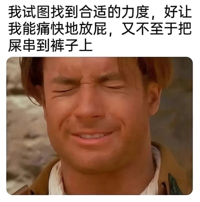 图片上方是一段幽默文字："我试图找到合适的力度，好让我能痛快地放屁，又不至于把屎串到裤子上"。下方是一张真人男性的特写照片，他眉头紧锁，眼睛紧闭，嘴角紧绷，表情显得非常纠结和用力，完美配合了上方文字所描述的尴尬处境。这种将严肃表情与搞笑文字结合的方式产生了强烈的喜剧效果。