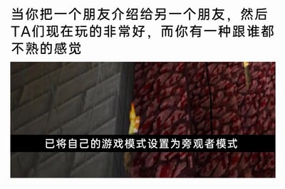 这是一张用来调侃社交尴尬时刻的图文混排梗图，上方用直白的文字描述了一种常见的社交窘境：自己作为中间人介绍两位朋友相识后，两人迅速熟络起来，自己却被边缘化，产生了强烈的疏离感；下方是沙盒游戏《我的世界》的屏幕截图，展示了游戏里的下界场景，底部的系统提示文字“已将自己的游戏模式设置为旁观者模式”，巧妙地用游戏中只能旁观、无法参与的模式，来比喻自己在这段社交关系中被迫成为局外人的状态，将现实的尴尬情绪用游戏梗的方式幽默地表达出来，容易引发有类似经历的人的共鸣。
