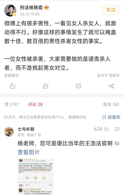 该图片为微博平台的帖子截图，展示了用户'刑法杨艳霞'发布的一条关于性别议题的内容。帖子中提到部分男性在看到女性杀害女性事件时反应激动，认为这种现象似乎掩盖了男性杀害女性的更多事实，并呼吁大家应谴责杀人者而非挑起男女对立。截图还包含了评论区内容，其中一条来自用户'土与长戟'的热门评论称'杨老师，您可是堪比当年的王浩法官啊'，并获得了624个点赞。原帖发布于西班牙，获得了2197个赞、28条评论和341次转发。