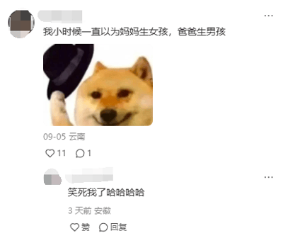 这是一张竖屏格式的社交媒体截图，属于图文混排内容。发布者来自云南，于09-05分享了自己童年的天真误解：“我小时候一直以为妈妈生女孩，爸爸生男孩”，并搭配了一张经典Doge柴犬抬手敬礼的表情包，该表情包表情淡定带戏谑感，用来调侃自己小时候的天真想法。下方有一条来自安徽的评论，发布于3天前，内容为“笑死我了哈哈哈哈”，表达了对发布者分享内容的好笑之感，整体内容充满生活趣味，是普通用户在社交平台上的个人趣事分享。