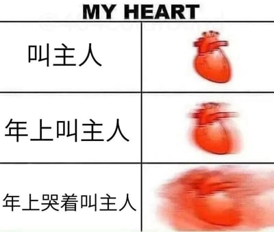 这是一张3行2列的多图拼接梗图，顶部中央有黑色英文文字“MY HEART”。左侧列从上到下依次为三行中文文字：“叫主人”“年上叫主人”“年上哭着叫主人”，文字均为黑色加粗宋体。右侧列对应展示三张心脏图案：第一张是静态的红色心脏；第二张心脏边缘开始出现轻微模糊，似有抖动；第三张心脏则呈现明显的动态模糊效果，整体颜色扩散，表现出强烈的激动或颤抖状态。图片通过文字内容的递进和心脏图案的动态变化，形成一种情绪逐渐升级的视觉效果，常用于调侃或表达对特定情境的夸张反应。