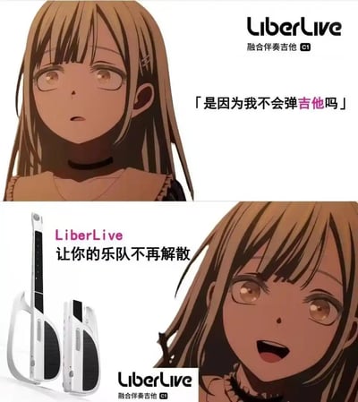 这是一张结合动画《BanG Dream! It's MyGO!!!!!》的商业宣传梗图，分为上下两部分：
上半部分截取动画中角色高松灯失落的场景，配文「是因为我不会弹吉他吗」，同时标注「LiberLive 融合伴奏吉他 C1」，对应动画里乐队面临解散的痛点；
下半部分展示LiberLive C1融合伴奏吉他的产品外观，配文「LiberLive 让你的乐队不再解散」，角色则露出开心的表情，用角色的情绪转变来突出产品能解决不会弹吉他导致乐队出问题的需求，没有双关或谐音梗。
