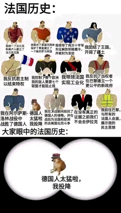 这是一张竖版图文混排的网络梗图，以拟人化柴犬形象展现法国历史的真实面貌与大众刻板印象的强烈反差。上半部分标注“法国历史：”，用11个肌肉发达的柴犬形象对应法国历史上的诸多高光时刻与重要成就：从建立法兰克王国、神圣罗马帝国，领导十字军东征，到法国大革命推翻君主制、拿破仑称霸欧洲、推动国家工业化、建立巴黎公社，再到参与阿尔萨斯-洛林战役、二战抵抗侵略、拒绝盲目跟随美国出兵伊拉克、黄马甲运动，中间穿插1个弱小的柴犬形象对应“德国人太猛啦 我投降”；下半部分标注“大家眼中的法国历史：”，用一个心形框突出这个弱小柴犬的“德国人太猛啦，我投降”，以此调侃大众对法国仅停留在二战快速投降的片面刻板印象，与法国历史上的诸多重要成就形成鲜明反差，通过夸张的视觉效果制造幽默，引发对历史刻板印象的思考。