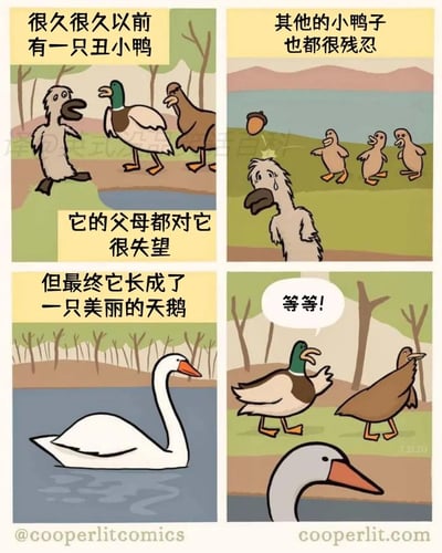 这是一幅四格恶搞漫画，改编自经典童话《丑小鸭》。第一格展示丑小鸭的父母对它感到失望；第二格描绘其他小鸭子用橡果砸它，对它十分残忍；第三格讲述丑小鸭最终长成了美丽的天鹅；第四格是反转，鸭父母突然喊出“等等！”，暗示它们此刻才意识到丑小鸭并非自己的孩子，颠覆了原童话的励志内核，制造出搞笑的反差效果。