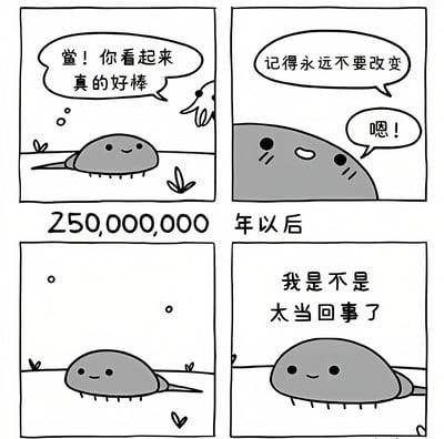 四格漫画展示了一个小生物被称赞后坚持2.5亿年不变的幽默故事。第一格中，一个看不见的角色对小生物说："鲨！你看起来真的好棒"；第二格中，该角色继续说："记得永远不要改变"，小生物回应"嗯！"；第三格显示"250,000,000 年以后"，小生物依然保持原样；第四格中小生物思考"我是不是太当回事了"。