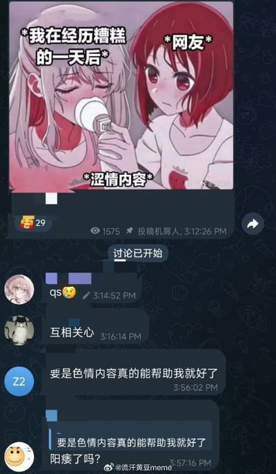 这张图为上下拼接的搞笑梗图，上半部分是二次元风格插画：左侧是标注为「我在经历糟糕的一天后」的浅发疲惫女孩，右侧是标注为「网友」的红发女孩，正递东西喂给左侧女孩，下方标注「涩情内容」，调侃网友在朋友情绪低落时常用发涩图的方式安慰对方的行为；下半部分是社交平台聊天记录截图，有人发布上述插画后，网友先评论「qs（确实）」「互相关心」贴合图中内容，随后有网友发言「要是色情内容真的能帮助我就好了」，另一位网友复读了这句话后反而突兀提问「阳痿了吗？」，形成反差极强的搞笑反转效果。