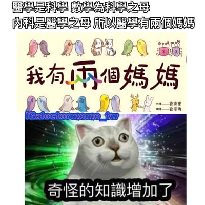 图片分为上下两部分，上方为图文混排内容，文字写道‘醫學是科學 數學為科學之母 內科是醫學之母 所以醫學有兩個媽媽’，下方配有卡通风格的成对动物（鸟、狗、螃蟹、鹿、兔子）插图，中央大字为‘我有兩個媽媽’，并标注作者刘育豪、绘者刘宗玮。下方是一张表情惊讶的白猫照片，背景为彩色宇宙光效，配文‘奇怪的知识增加了’。整体通过逻辑调侃医学与数学、内科的关系，结合‘奇怪的知识增加了’ meme 形成幽默效果。
