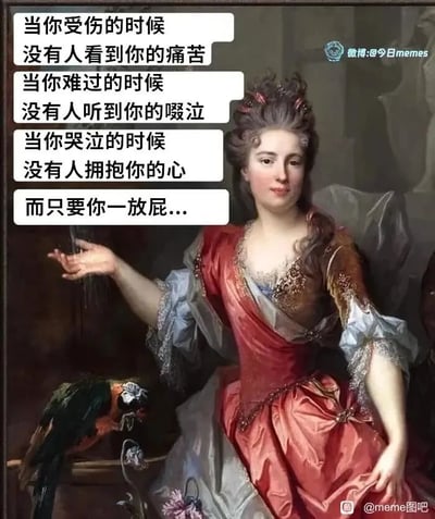 这是一张经过二次创作的搞笑meme图，画面主体是一位身着华丽复古长裙的欧洲古典风格女性，她面带微笑，一只手抬起做出类似释放气体的动作，身旁的鹦鹉呈现出被影响的反应。图中配文采用强烈的反差手法，前半段描述了个人在受伤、难过、哭泣时的情绪困境无人在意的落寞场景，后半段突然转折到“而只要你一放屁...”，用接地气的尴尬日常场景和前面的伤感氛围形成巨大反差，制造出荒诞搞笑的效果，同时也讽刺了现实生活中，人们的深层情绪往往被忽视，反而一些小的尴尬瞬间会立刻被周围人察觉的扎心现象。