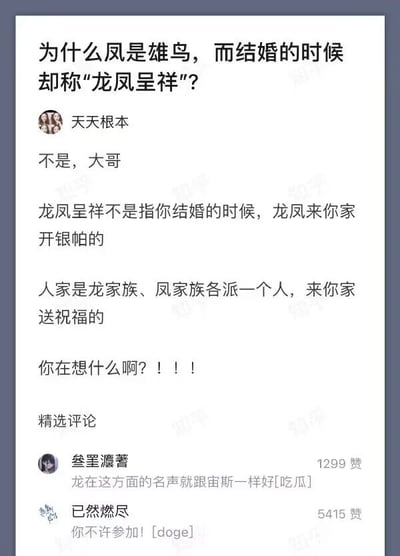 这是一张来自知乎平台的问答截图，顶部的提问为“为什么凤是雄鸟，而结婚的时候却称‘龙凤呈祥’？”，用户“天天根本”没有给出严肃的传统文化科普，而是用玩梗的方式曲解了“龙凤呈祥”的含义，调侃提问者想歪了，称龙凤呈祥是龙家族和凤家族各派一人来送祝福，而非提问者所想的其他意思。下方的两条精选评论延续了这个玩梗的思路，用户“叁睪灩瞔”将龙比作宙斯，暗指龙风流的名声，用户“已然燃尽”则用“你不许参加！[doge]”的评论进一步强化了这个搞笑的梗，整体内容以幽默的方式解构传统吉祥话，制造出荒诞的笑点。而从传统文化角度来说，凤最初在神话中是雄鸟，凰为雌鸟，随着文化的发展演变，凤逐渐被赋予女性化的意象，与代表男性的龙相对应，“龙凤呈祥”便成为了祝福婚姻美满、象征夫妻和睦与阴阳和谐的吉祥表述。
