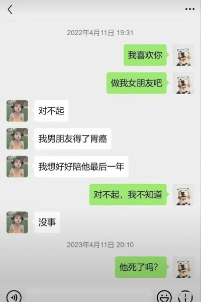 这张图是微信聊天截图表情包，内容是男生在2022年向女生表白被以“男朋友得胃癌，想陪最后一年”为理由拒绝。一年后，男生直白发问“他死了吗？”，形成极具黑色幽默和反套路气质的尴尬场景。配合Doge头像，更突出了吐槽氛围。此梗体现了表白套路和反套路的网络文化，反讽意味浓厚。