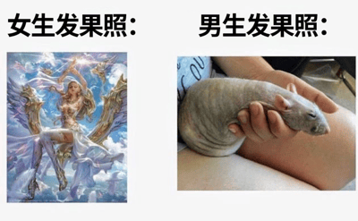 这是一张左右对比图，通过夸张的视觉反差幽默地表现社会对不同性别发送私密照片的刻板印象差异。左侧标题为“女生发果照:”，配图是一幅华丽的奇幻插画，描绘了一位身披白色长袍、背后有金色翅膀的天使形象，周围环绕着光芒和云彩，营造出神圣唯美的氛围。右侧标题为“男生发果照:”，配图则是一张现实照片，显示一只手握着一只无毛的裸鼠，老鼠皮肤皱巴巴的，表情呆滞，形成强烈的滑稽对比效果。