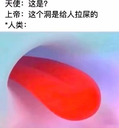 图片上半部分为对话文本：天使询问“这是？”，上帝回答“这个洞是给人拉屎的”，随后以“*人类：”引出下半部分的抽象视觉内容。下半部分是一张色彩丰富的图片，主体为红色不规则形状，背景为蓝紫色渐变，整体看起来像是一个洞口或容器的特写，与上文提到的“洞”相呼应。该梗图通过宗教角色（天使、上帝）与人类行为的反差制造幽默，讽刺人类常将事物用于非原始用途的现象。